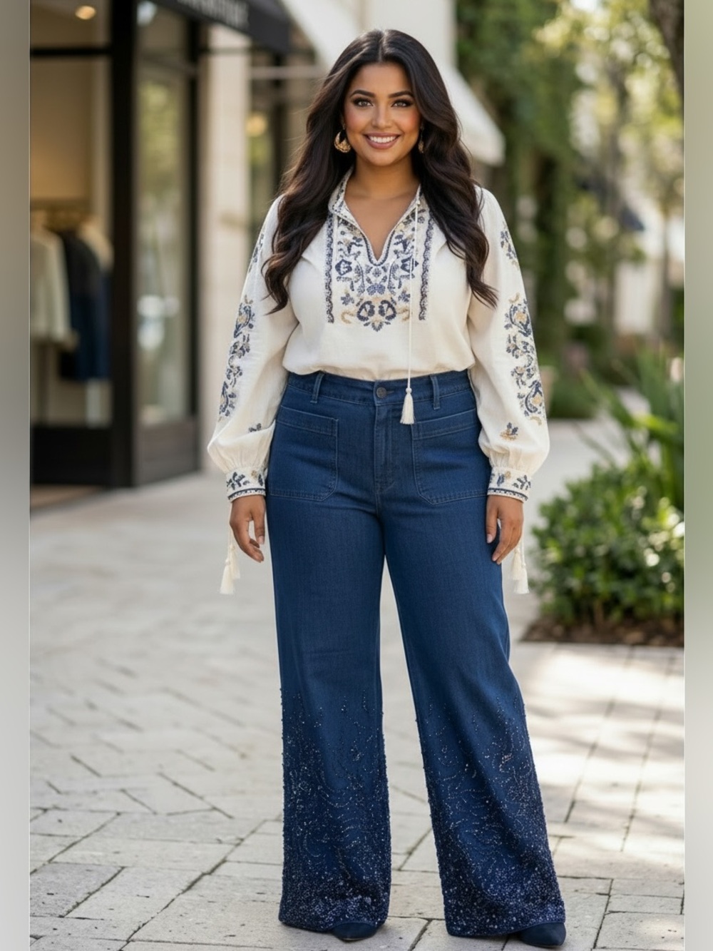 NEW Anthropologie Maeve Dark Blue Sequin Hem Jeans Relaxed Straight Leg